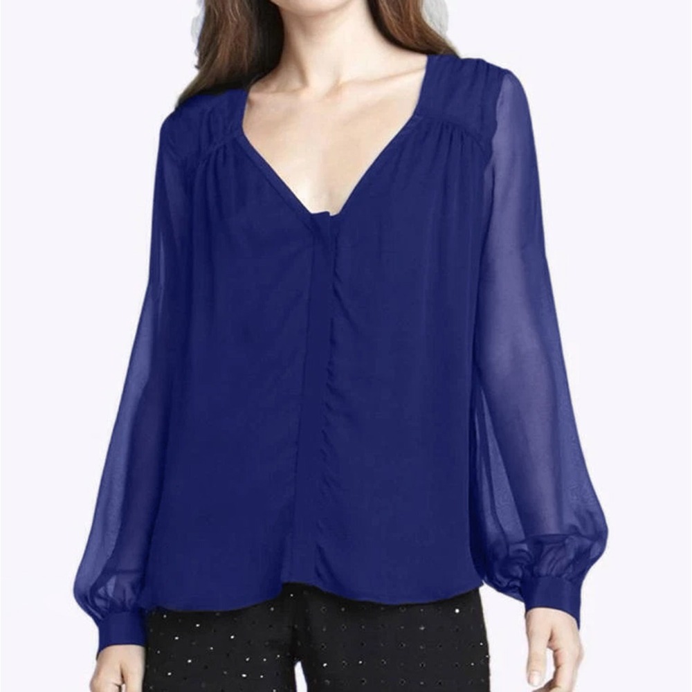 Diane von Furstenberg Lane Royal Blue Silk V-Neck Blouse Sheer Sleeve